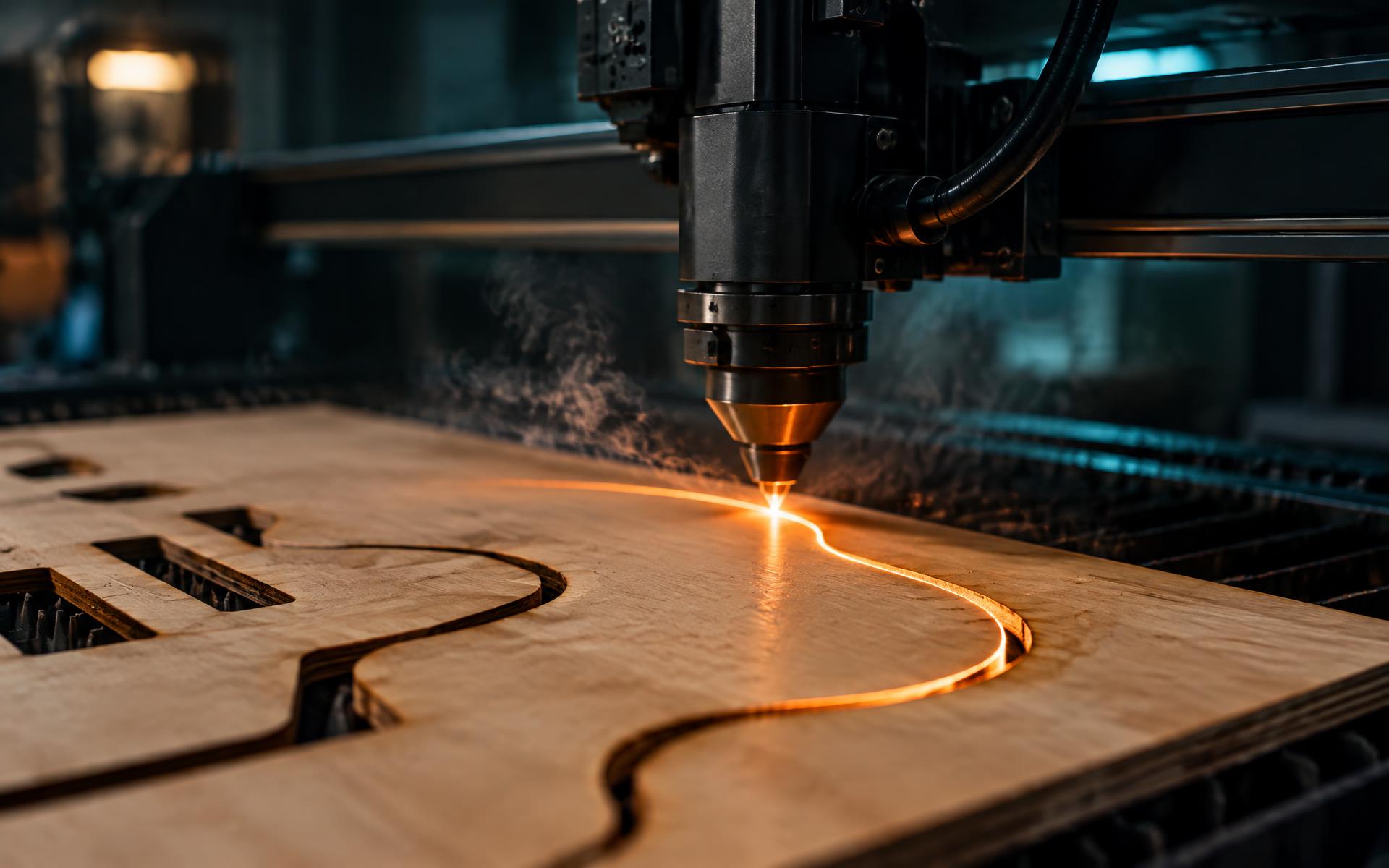 Cabeça laser a cortar uma placa de madeira numa oficina de fabrico digital
